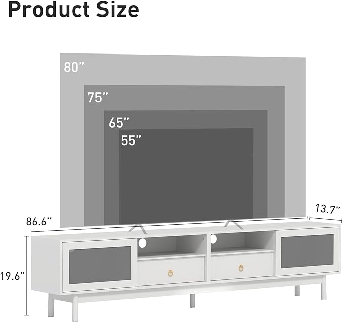 Bonzy Home TV Stand with Storage for 80 Inch TV, Modern Entertainment Center with Glass Doors and 2 Drawers, 86.6" Long TV Console for Living Room, White