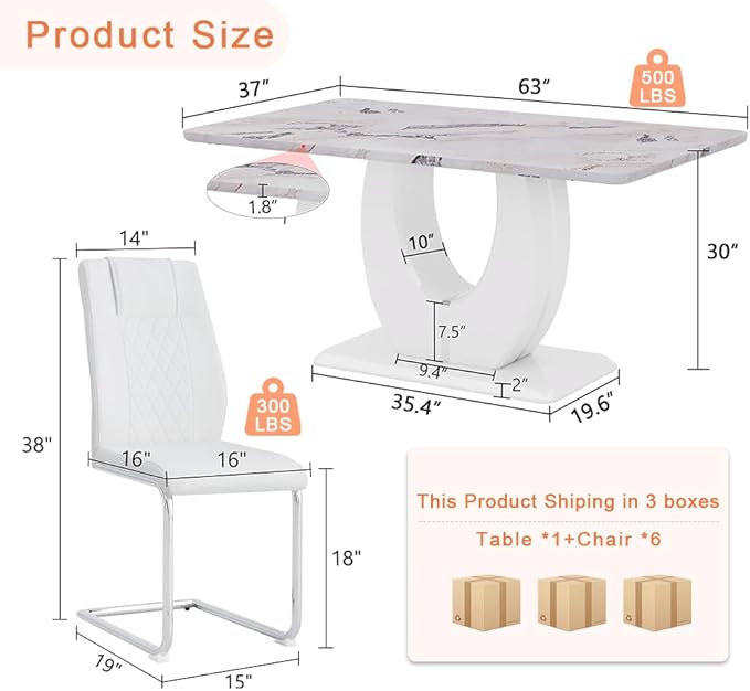Dining Table Set for 6, Kitchen Table Chairs Set of 6, Modern Dining Room Set 63'' Faux Marble Dinner Table PU Leather Upholstered Chairs for Kitchen