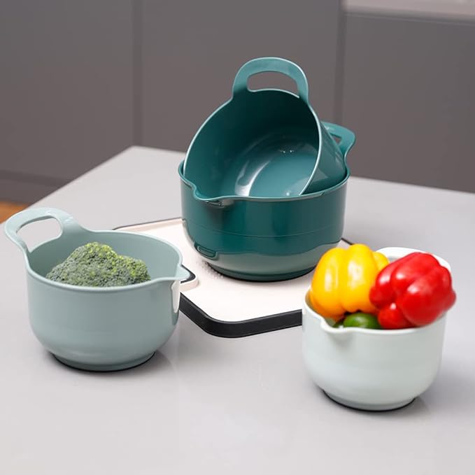 BoxedHome 4 Pack Nesting Mixing Bowl with Pour Spout and Handle, BPA free Microwave & Dishwasher Safe(Green, 4 Pack with Handle)