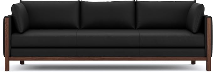 Valencia Matera 93” Black 3 Seater Full Leather Sofa | Modern Nappa Leather Couch with 2 Pillows for Living Room Furniture | Canadian Hardwood, One-Piece Curved Frame Lounge Sofa