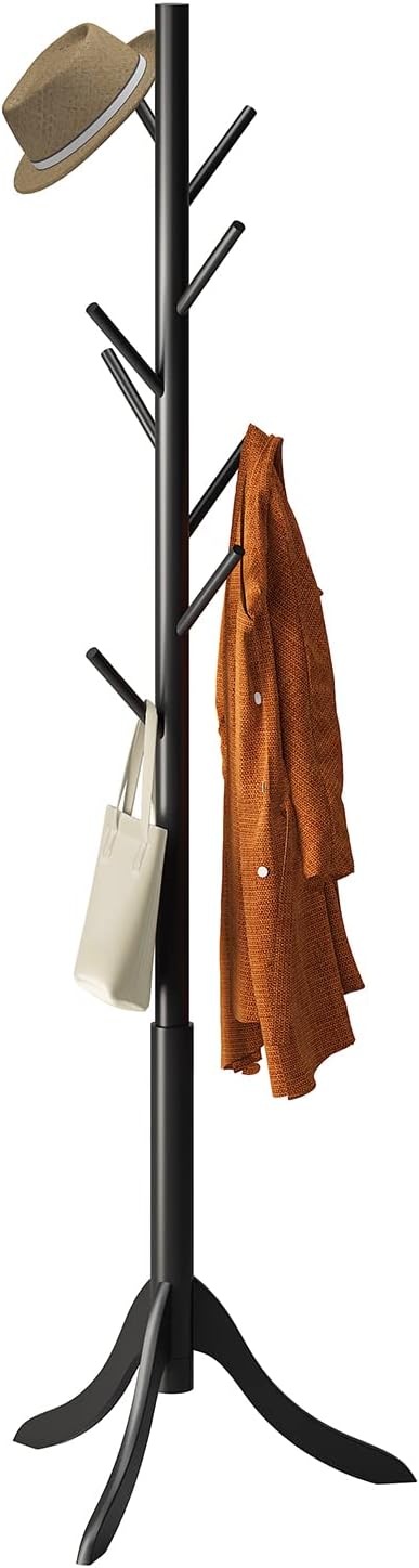 Coat Rack Freestanding, Coat Stands Entryway, Bamboo Coat Rack Hat Hanger 8 Hook for Jacket, Purse, Scarf Rack, Umbrella Tree Stand (Black)