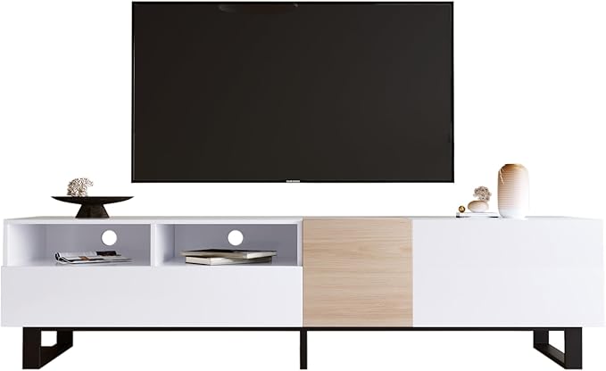 Merax Modern TV Entertainment Center with Cabinets, Drawers & Open Shelves, Wood TV Stand for TVs Up to 80” for Living Room Bedroom (White & Natural)