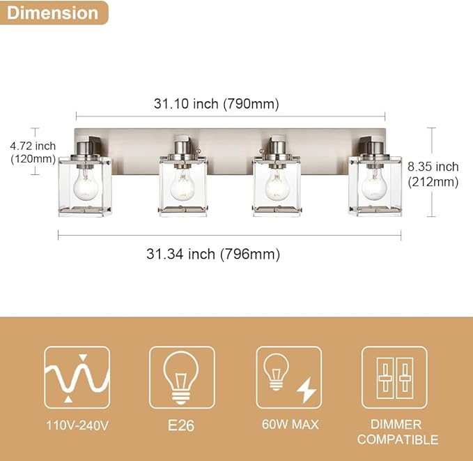 4-Lights Bathroom Vanity Light Fixtures in Brushed Nickel, E26 Socket Wall Sconce Lighting Fixtures with Clear Glass Shades for Over Mirror Bedroom Living Room Cabinet