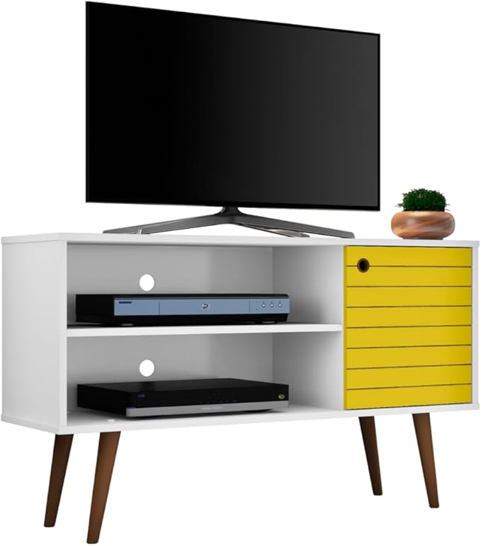 Manhattan Comfort Liberty Mid Century Modern TV Stand for Televisions up to 46 Inches, Bedroom and Living Room Entertainment Center with Storage, Shelves, and Cabinet, 43" Wide, White/Yellow
