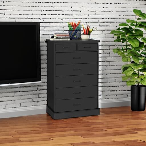 EPHEX Tall Dresser with 7 Drawers for Bedroom, Storage Tower Clothes Organizer, White Chest of Sturdy Pedestal, 27.6'' W x 15.8'' D 44.1'' H Black