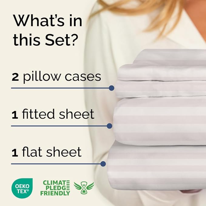 Grey Striped Sheets - 1 Flat & 1 Fitted Sheet & 2 Pillowcases w/ Deep Pockets - Comfy, Cozy, Wrinkle & Fade Resistant - Ultra-Soft, Breathable and Cooling - Luxury Pinstripe Bedding - Full Size