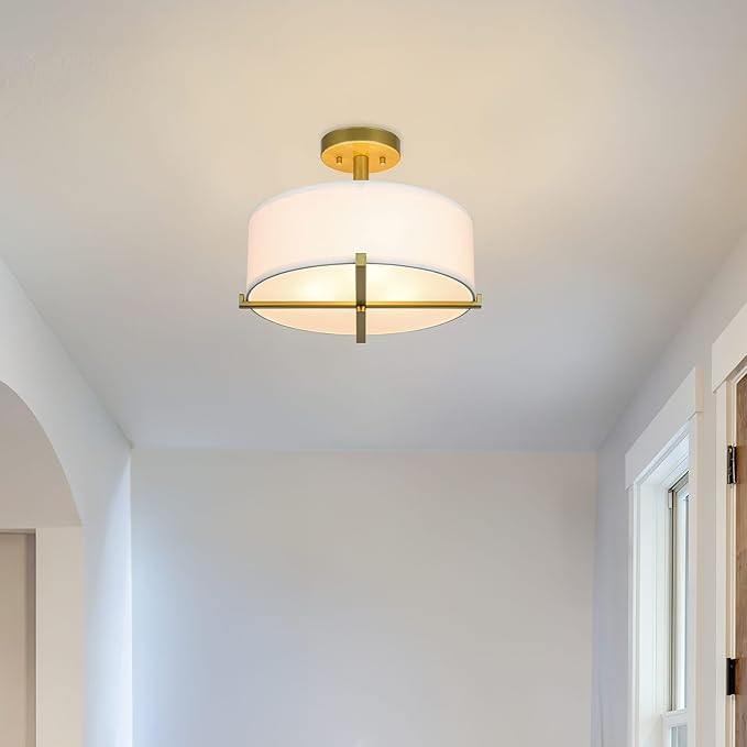 XiNBEi Lighting Semi Flush Mount Ceiling Light Modern Gold Brass Drum Light Fixture with Fabric Shade 3-Light Drum Ceiling Lighting for Living Room, Bedroom, Kitchen, Dining Room, Hallway
