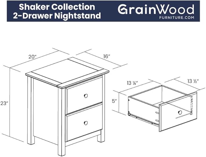 Grain Wood Furniture Shaker 2-Drawer Bedside Nightstand, Solid Wood with Natural Finish