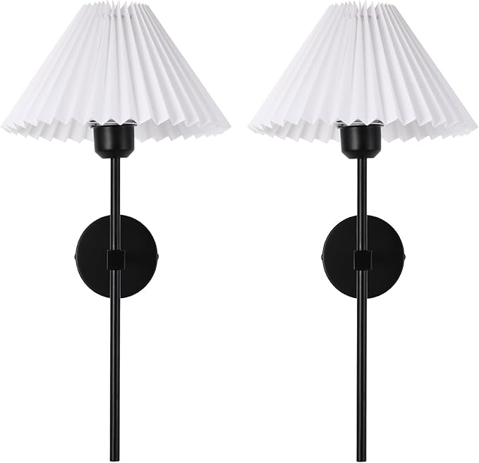 Wall Sconces Sets of 2, White Pleated Fabric lampshade Matte Black Wall Lamp, Column Bracket Wall Lighting, Bathroom Dresser Hardwired lamp Fixture, Applicable to Living Room, Bedroom and Dining Room