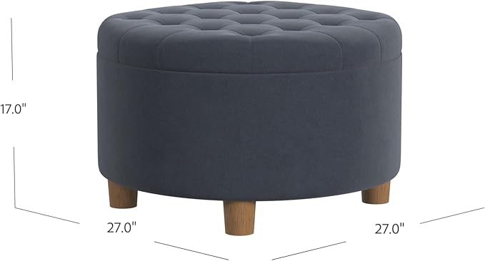 HomePop Home Decor | Button Tufted Velvet Round Storage Ottoman | Ottoman with Storage for Living Room & Bedroom, Steel Blue Velvet