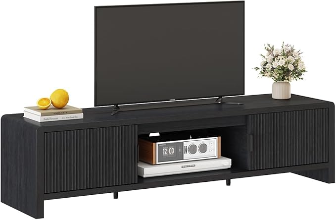 FATORRI TV Stand for 75/65/55 Inch TVs, Mid Century Modern Entertainment Center with Storage, Wooden Television Media Console Cabinet with Fluted-Door for Living Room, Bedroom (63 Inch W, Black)