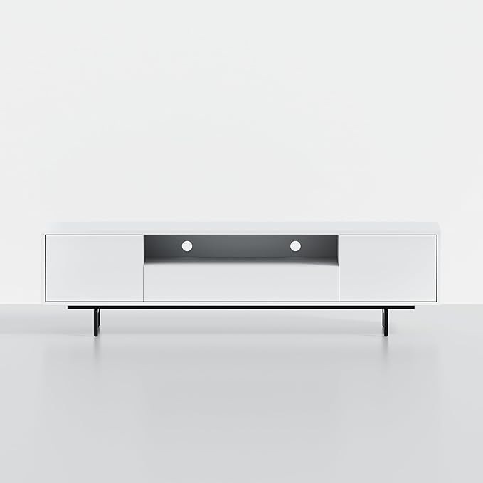 Norrhaus 75-Inch Modern TV Stand – White Finish, 20-Inch Height, No Tools Assembly Technology, Storage Cabinets with Center Channel Speaker Shelf, Mid-Century Modern Design