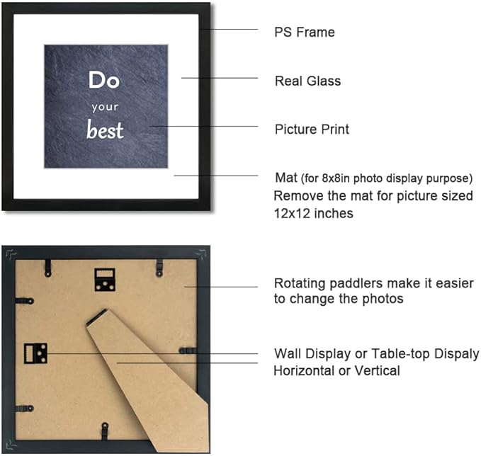 12x12 Black Picture Frame Set of 3 for Pictures 8x8 with Mat or 12x12 Without Mat, Wall or Tabletop Gallery Photo Frames with Real Glass