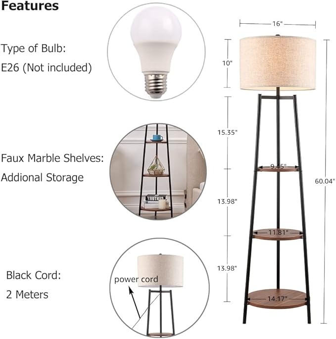 Floor Lamp, Standing Reading Light with Shelves and Fabric Shade, Modern Tall Pole Lamp, Accent Furniture Décor Lighting for Living Room, Bedrooms Black