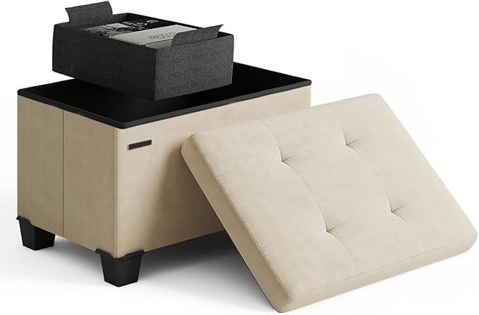 STORAGEBUD Storage Ottoman Cube with Small Bin, 16-in Square Ottoman with Storage for Living Room and Bedroom, Small Ottomans Foot Rest, Velvet Foot Stools Ottomans Max 330lbs, Beige