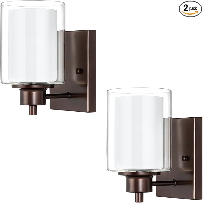 2 Pack Bath Vanity Light Fixtures 1-light, Indoor Oil Rubbed Bronze Wall Light with Dual Glass Shade, Farmhouse Bathroom Wall Scone, Vintage E26 Bese Wall mount Lighting
