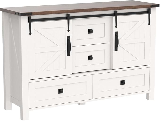T4TREAM Farmhouse Dresser for Bedroom w/4 Drawers & Sliding Barn Doors, 48'' Wide Chest of Drawers, Rustic Dresser TV Stand w/Shelf, Organizer for Bedroom, Living Room, Entryway, Antique White