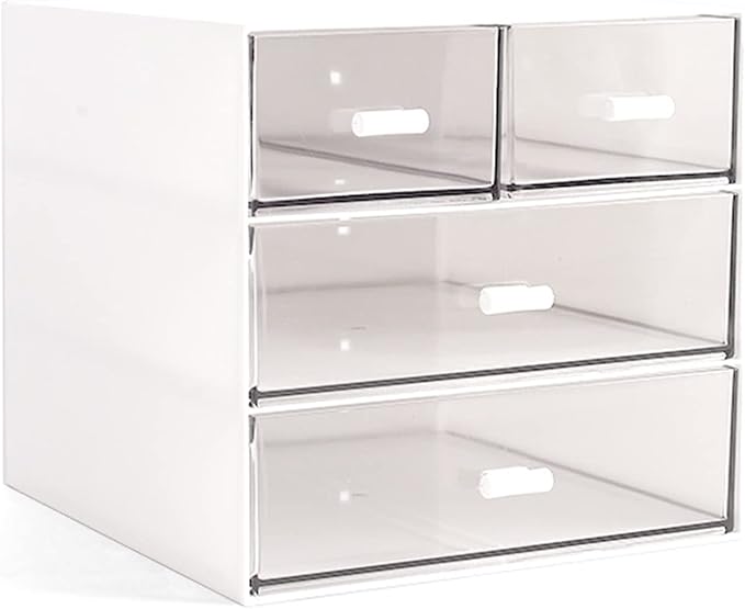 Makeup Organizer, Desk Organizer with 4 Drawers, Sundries Storage，Vanity Organizer, Cosmetic Storage Organizer, Desk Storage Box, Bathroom Counter or Dresser, White QBH-4CT-1