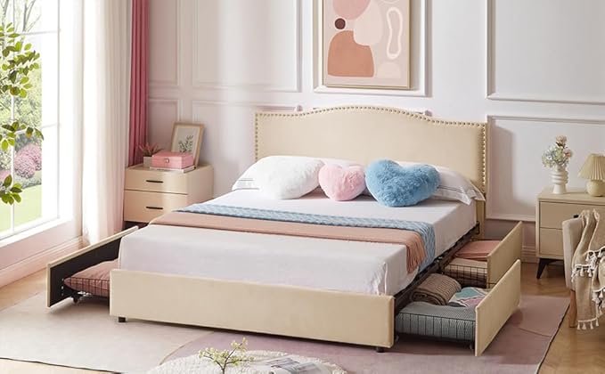 VECELO Queen Bed Frame, Platform Bed Frame with Underbed Storage Drawers and Adjustable Height Upholstered Headboard, Heavy-Duty Frame and Strong Wooden Slats Support, Noise-Free, Easy Assembly, Beige