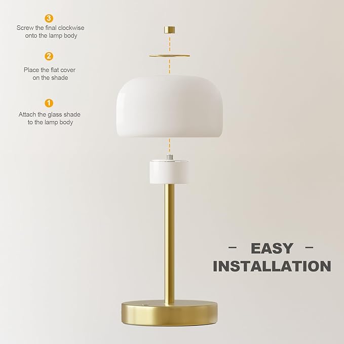 Oneach 9" Cordless Table Lamp, Gold Rechargeable Battery Operated Lamp, 3-Way Stepless Dimming Touch Lamps, Small Glass Bedside Nightstand Light for Bedroom Dining Table Living Room Shelf Decor