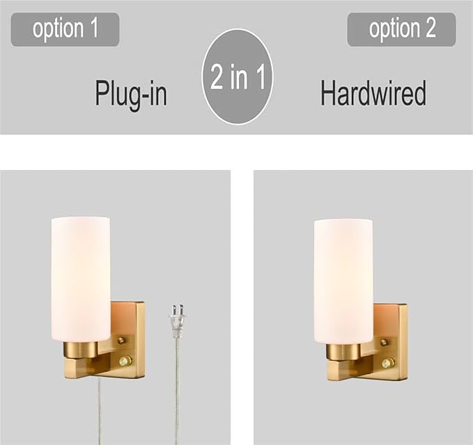 Modern Plug in Wall Sconce with Cord Brass Bathroom Vanity Light with Milky White Cylinder Glass Shade Set of 2