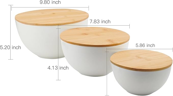 Salad Bowl Set of 3 with Bamboo Wooden Lids, Mixing Bowls Set, Nesting Bowls for Space Saving Storage, Made with Durable Eco-Friendly Bamboo Fiber, Great for Prepping and Serving Food, White