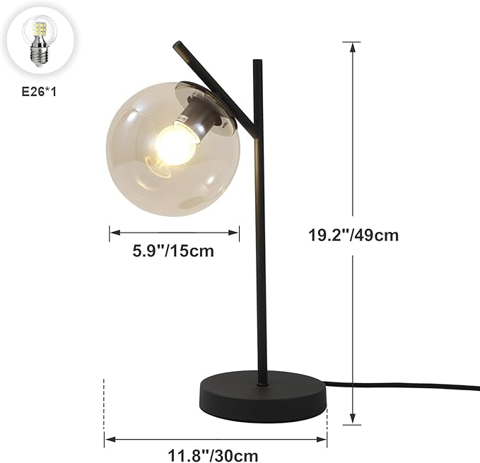 Mid Century Table Lamp Vintage Bedroom Desk Lamp Black Nightstand Lamp Contemporary Clear Glass Globe Bedside Lamp for Office Study Room