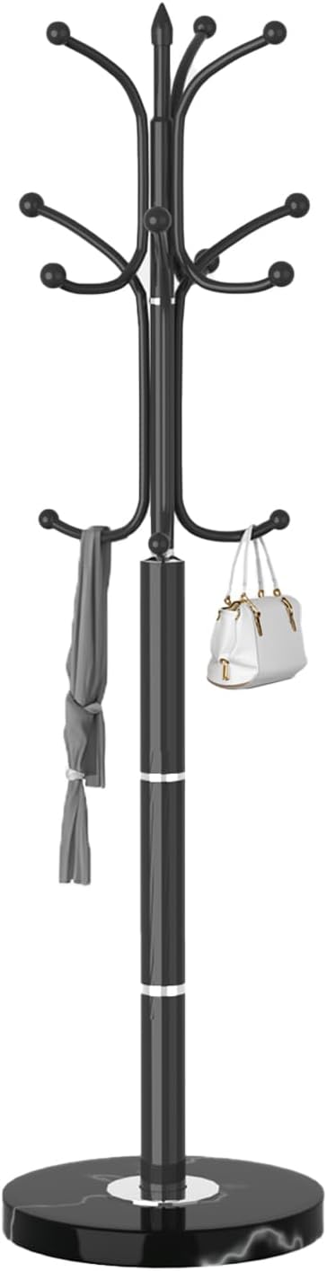 Metal Coat Rack Freestanding, Sturdy Coat Rack Stand with Natural Marble Base, Modern Black Coat Racks Tree Hats Hanger Holder Stand for Entryway, Hallway, Office(12 Hooks)