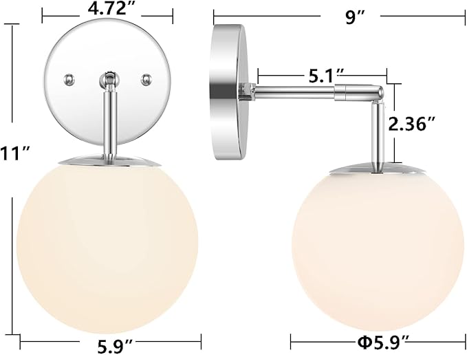 Modern Globe Wall Sconce Industrial Bathroom Vanity Wall Light with White Globe Glass Lampshade Elegant Mid Century Ball Lighting Fixture (Chrome Color)