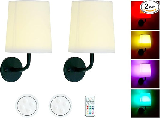 HEQIQEH Rustic Vintage Battery Operated RGB Wall Sconce Light Fixture with Remote Control, Flared Funnel Linen Fabric Shade Dimmable Nightstand Lamps for Bedroom, Set of 2 (Black-2)