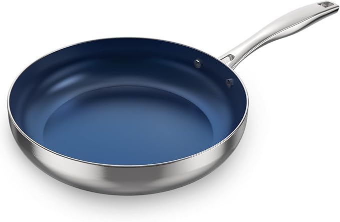 8 Inch Frying Pan Tri-Ply Stainless Steel & Nonstick, 8" Omelet Pan PFAS-Free, Skillet with Stainless Steel Cool Handle, 8 Non Stick Fry Pan, Oven Safe, Dark Blue