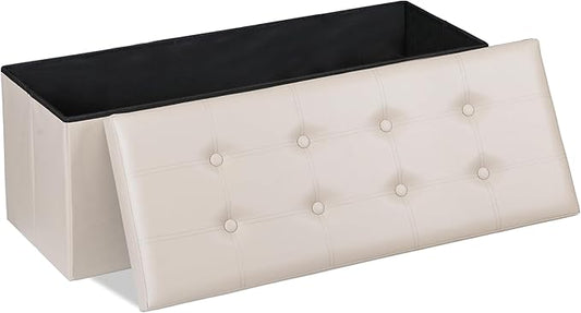 SUPER DEAL Folding Ottoman Bench with Storage, 43 Inch Padded Seat Footrest Shoes Bench for Bedroom Living Room Entryway, 660 lbs Capacity 43"x 15"x 15", Faux Leather, Beige