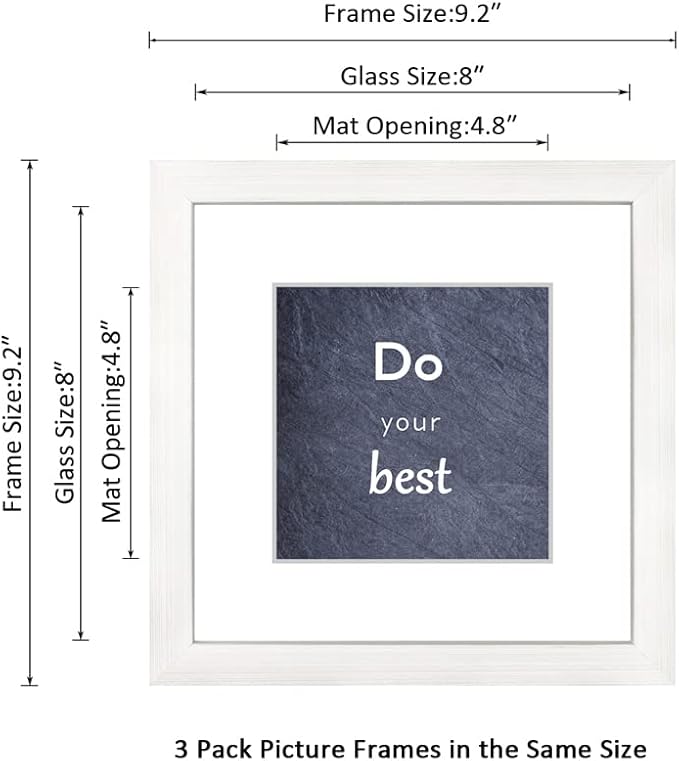 8x8 Picture Frame Set of 3 with Real Glass for Pictures 5x5 with Mat or 8x8 Without Mat,Wall Gallery or Tabletop display Photo Frames in White