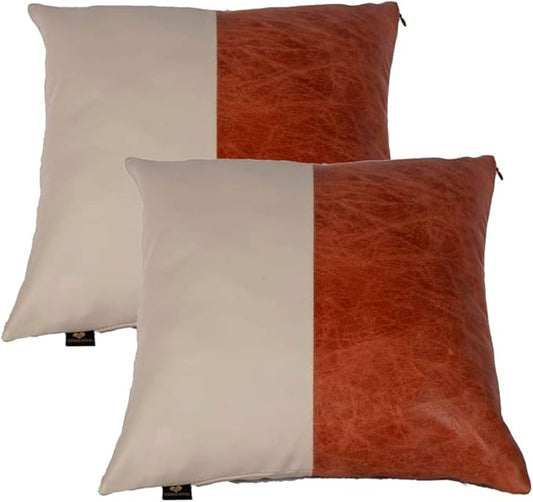 D DOLLY LAMB Lambskin Leather Pillow Cover - Sofa Cushion Case - Decorative Throw Covers for Living Room & Bedroom, 22x22 Inches - Tan & Beige Pack of 2