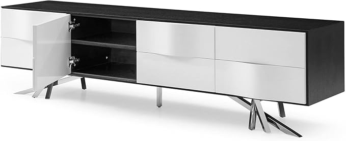 ZURI Furniture 86.6" Wide Modern Vinson TV Stand Smooth Black Oak Glossy and White Lacquer Paneling
