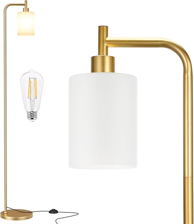 Floor Lamps for Living Room - Industrial Standing Lamp with Frosted White Glass Shade, Modern Gold Floor Lamp with LED Bulbs, Farmhouse Floor Lamp for Bedroom, Tall Lamp for Office - Gold