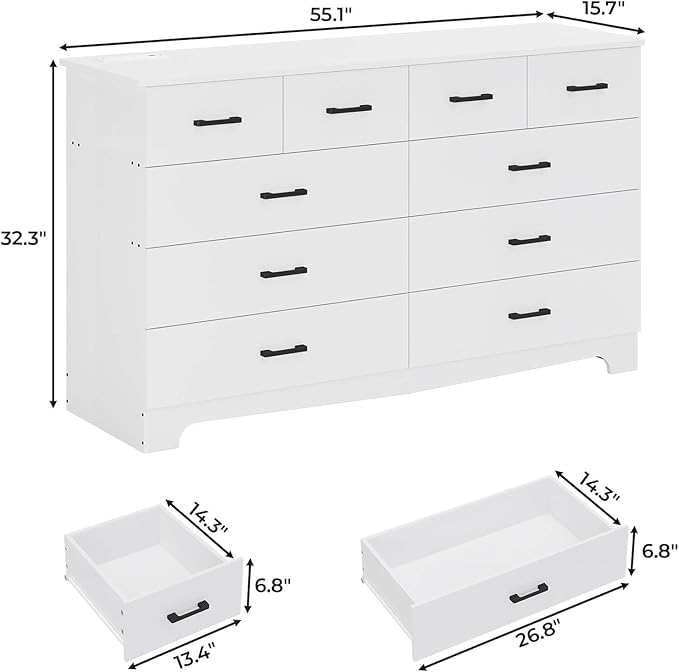 Hasuit 10 Drawer Dresser for Bedroom, Large Chest of Drawers with Charging Station, 55.1'' Wide Storage Clothes Closet Organizer, Long Dresser TV Stand for Living Room, White