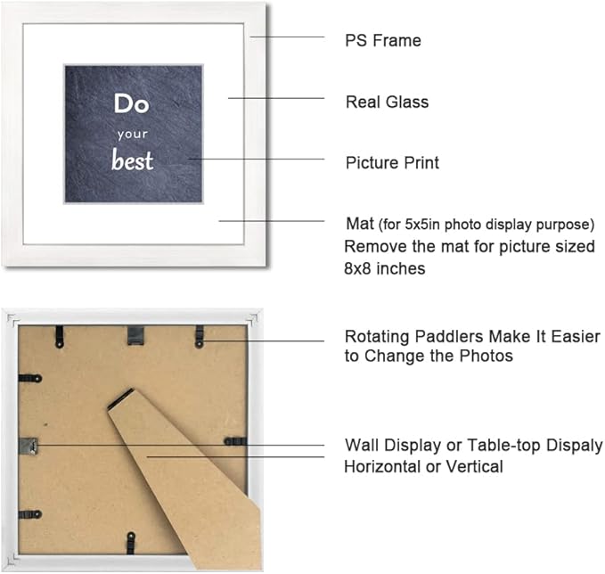 8x8 Picture Frame Set of 3 with Real Glass for Pictures 5x5 with Mat or 8x8 Without Mat,Wall Gallery or Tabletop display Photo Frames in White