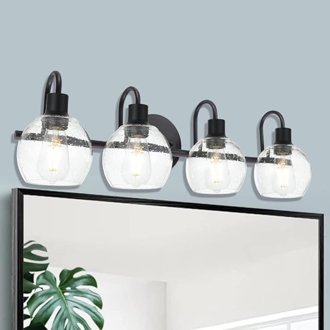 4-Lights Contemporary Bathroom Light Fixtures Over Mirror with Seeded Globe Glass Shades, Black Rustic Vanity Wall Lighting for Bedroom Dressing Cabinet