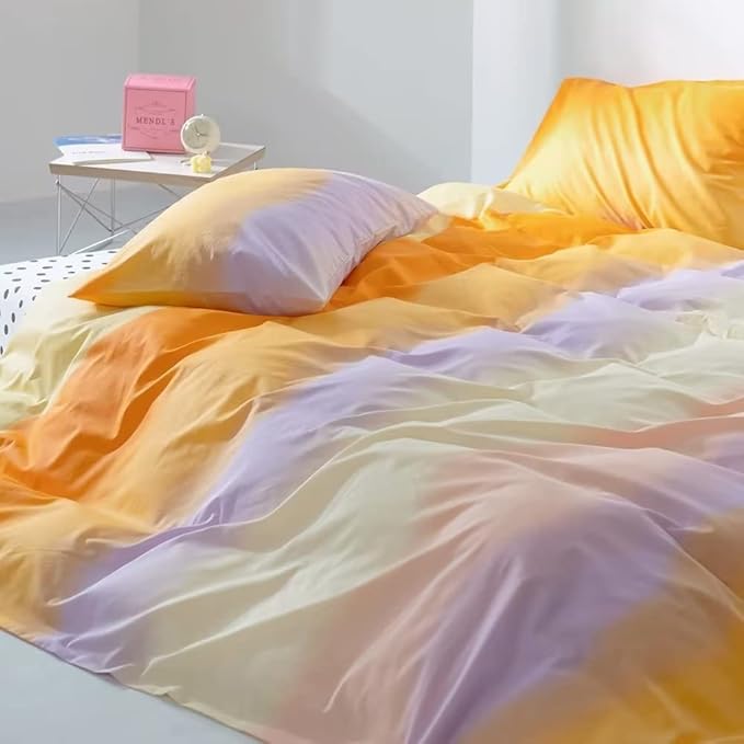 CLOTHKNOW Orange Yellow Queen Comforter Set 3Pcs Purple Beige Bedding Comforter Sets Abstract Queen Comforter with 2 x Pillow Cases