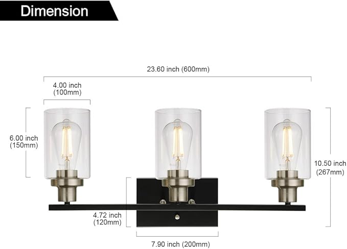 MELUCEE Modern Bathroom Lighting with Clear Glass Shade, 3-Light Black Vanity Light Wall Mount Lamp for Bedroom Vanity Table Bathroom Dressing Table, Brushed Nickel Socket (Patent No.: US D963914 S)