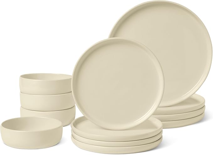 Amazon Basics Glazed Stoneware Dinnerware, Ceramic 12-Piece Set, 4 Full Place Settings, Dishwasher-Safe, Ivory