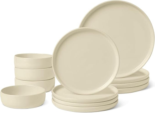 Amazon Basics Glazed Stoneware Dinnerware, Ceramic 12-Piece Set, 4 Full Place Settings, Dishwasher-Safe, Ivory
