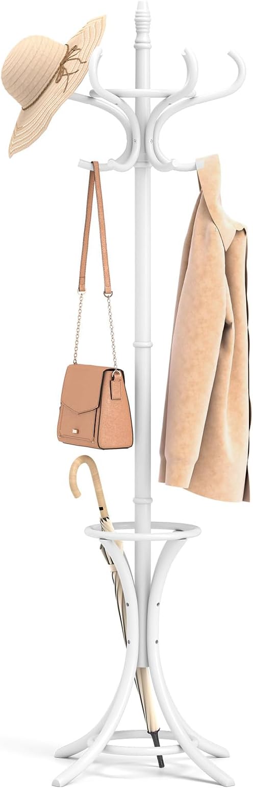 Tangkula Coat Rack with Umbrella Holder, 73 Inch Freestanding Coat Hanger Stand with 12 Hooks, Wooden Entryway Coat Tree for Clothes, Bags, Hats, Scarves, Living Room, Bedroom, Hallway (White)
