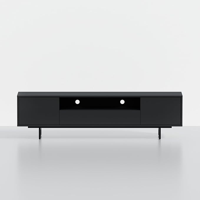 Norrhaus 75-Inch Modern TV Stand – Black Finish, 20-Inch Height, No Tools Assembly Technology, Storage Cabinets with Center Channel Speaker Shelf, Mid-Century Modern Design
