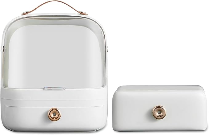 Ergocar Make Up Case Dustproof Cosmetics Skin Care Products Cosmetic Storage Box, Multi-Function Jewelry Organizer Case - White + Drawer