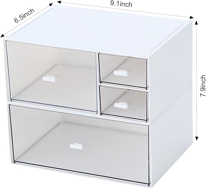 Desk Organizer with 4 Drawers, Makeup Organizer, Plastic Sundries Storage, Vanity Organizer, Cosmetic Storage Organizer, Desk Storage Box, Bathroom Counter or Dresser, White (CD-QBH-01)