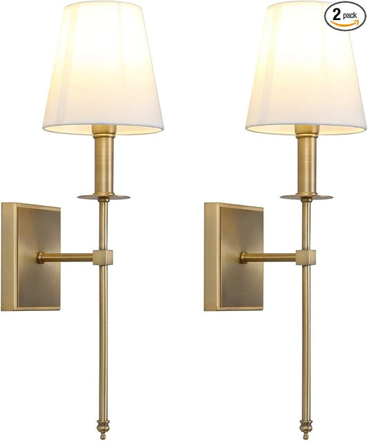 PERMO Set of 2 Classic Rustic Industrial Wall Sconce Lighting Fixture with Flared White Textile Lamp Shade and Antique Brass Tapered Column Stand, Hardwired, E26 Base