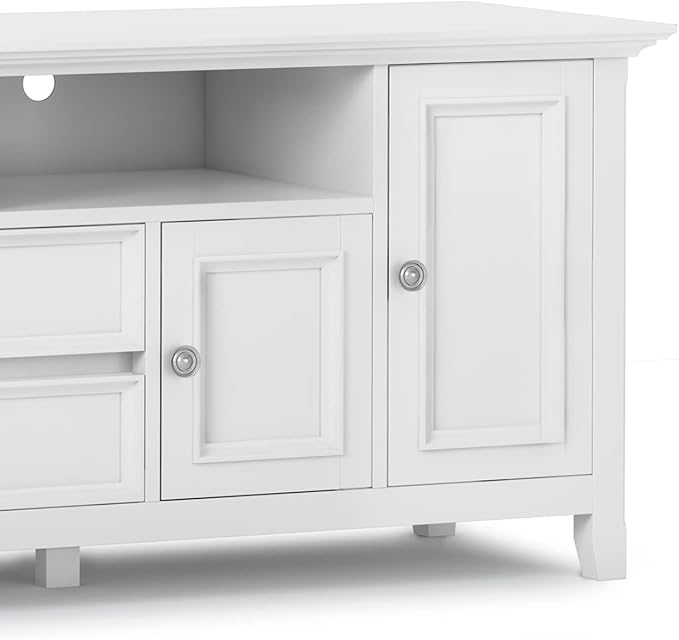 SIMPLIHOME Amherst 72-inch Wide Solid Wood TV Stand in White, Transitional-Style Media Console for Living Room with Cable Management and Adjustable Shelves, Fits 80" TVs