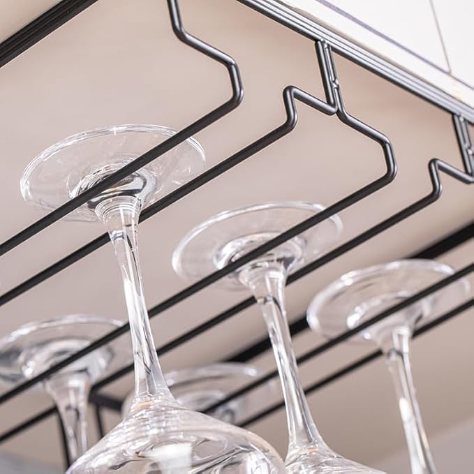 Wine Cup Holder Table Decoration Storage Hanger Metal Organizer for Bar Kitchen Stemware Rack Under Cabinet Stainless Steel Hanger Storage Shelf Black (Black, 4 Rows 2 Packs)